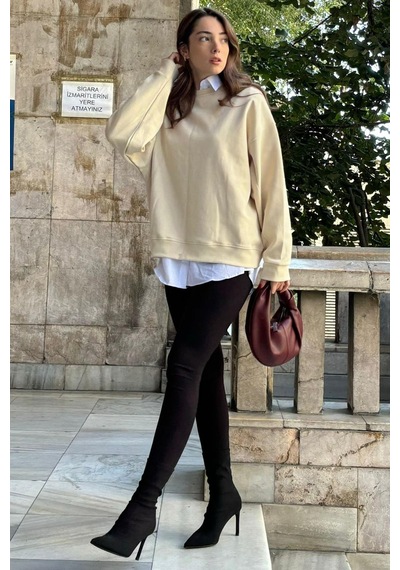 Bej Bisiklet Yaka Basic Sweatshirt Mg2185
