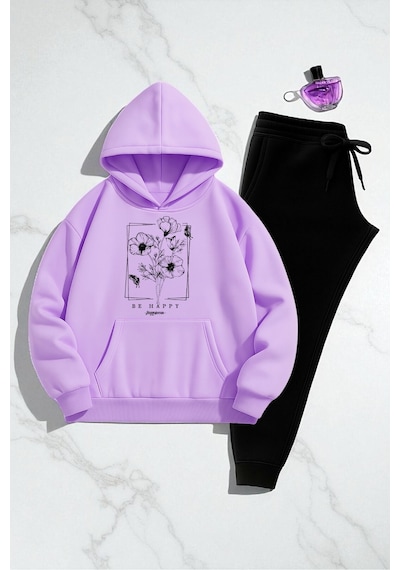 Uyguntarz Unisex Be Happy Baskılı Oversize Sweatshirt Takım Lila