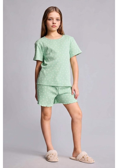Defacto Regular Fıt Puantiyeli Fitilli Kaşkorse 2li Pijama Takımı Kız Çocuk H8103a826hsgn1136 Yeşil-gn1136