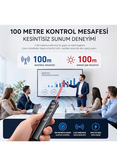 S7 Dijital Ekranlı Şarjlı Lazer Sunum Kumandası Type-c, 100 M Menzil, Kablosuz 2.4g, Powerpoint/keynote Uyumlu, Usb Alıcılı, Manyetik Saklama, Ergonomik Tasarım Çok Renkli