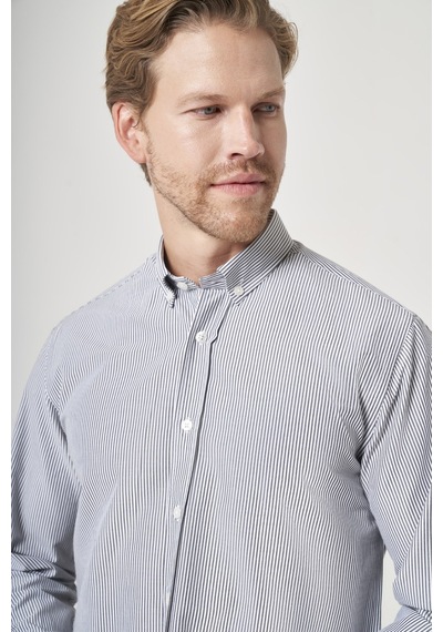 İmza Gri Düğmeli Yaka Uzun Kol Cepsiz Slim Fit Pamuklu Gömlek 1004260205 Beyaz - Siyah