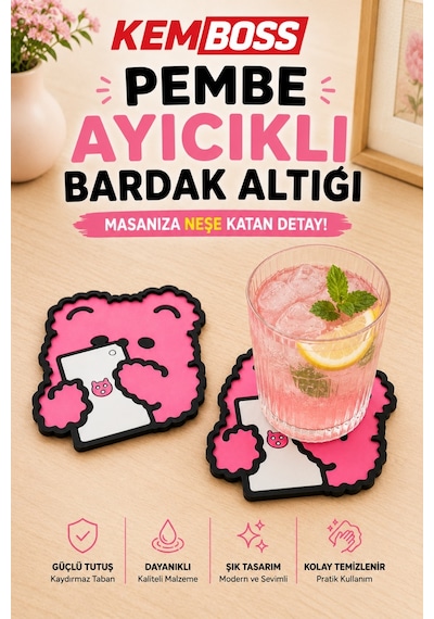 Kemboss Happy Kedi Ve Pembe Ayıcık Bardak Altlığı Seti 4'lü - Pvc Kaydırmaz Bardak Altlığı 2 Happy Kedi + 2 Pembe Ayıcık Çok Renkli