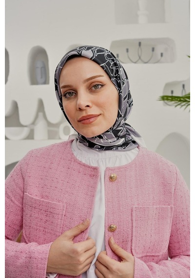 Afvente Yaprak Desen Gri Soft Pamuk Eşarp