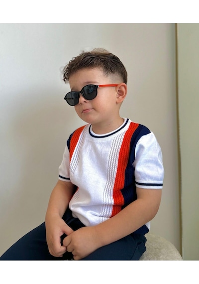 Unisex 1-5 Yaş Polarize Siyah Çocuk Güneş Gözlüğü Kırmızı Sap Detaylı Sarı - Kırmızı