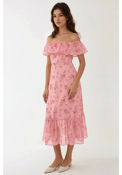 Hiccup Omzu Açık Çiçek Desenli Bodycon Midi Elbise Pembe
