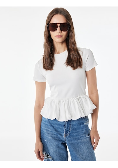 Koton Slim Fit Kısa Kollu Bisiklet Yaka Balon Peplum Tişört Ekru 6sal10578ık
