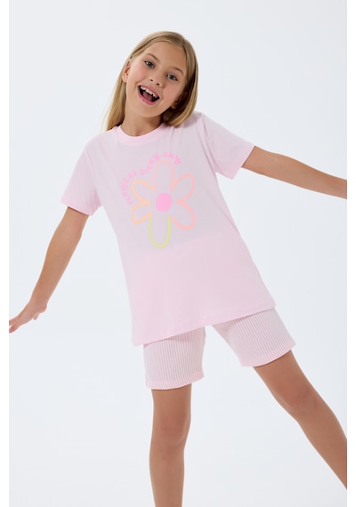 Rolypoly 3795 %100 Pamuk Kız Çocuk Kısa Kol Cepli Şort Pijama Takımı Pembe
