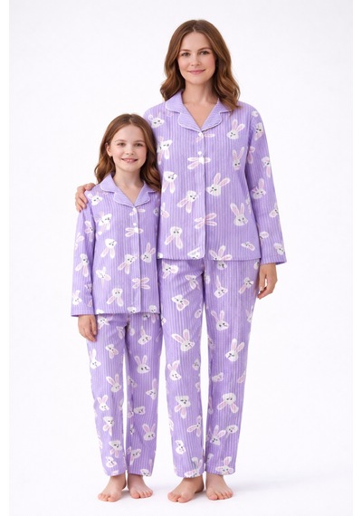 Free Beka Lila Çizgili Ve Tavşan Desenli Uzun Kollu Önden Düğmeli Gömlek Yaka Anne Kız Pijama Takımı Kombin Lacivert Free Beka Lila Çizgili Ve Tavşan Desenli Uzun Kollu Önden Düğmeli Gömlek Yaka Anne Kız Pijama Takımı Kombin Lacivert