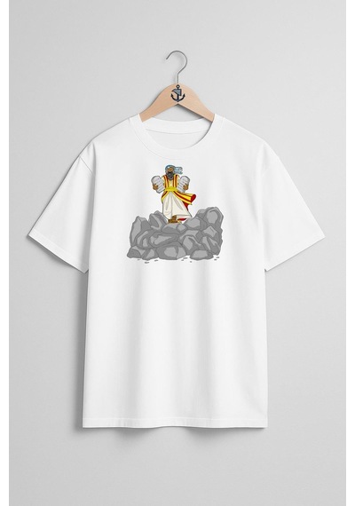 Oversize İncil Hikayesi Mısır Vebaları Jonah Shavuot Göğüs Tasarımlı Unisex T-shirt Beyaz