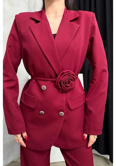 Msm Fashion Kadın İkili Blazer Ceket Pantolon Takım Aksesuar Ve Düğme Detaylı Bol Paça Bordo Msm Fashion Kadın İkili Blazer Ceket Pantolon Takım Aksesuar Ve Düğme Detaylı Bol Paça Bordo