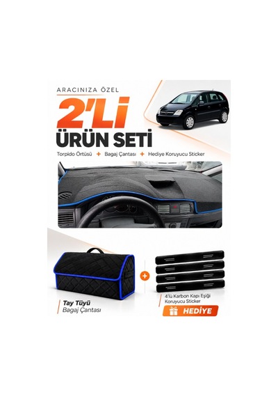 Opel Meriva A 2003-2010 Uyumlu Torpido Örtüsü + Tay Tüyü Bagaj Çantası + Sticker Seti - Siyah Mavi