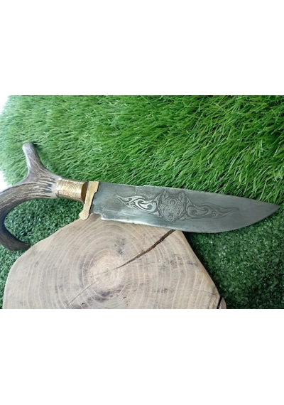 Tctknives Damascus Serisi El Yapımı Av Kamp Bıçağı Boynuz Kabzeli 0000 Kahverengi
