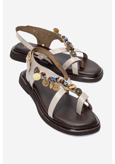 Luvi Shoes Hush Krem Hakiki Deri Boncuklu Kadın Parmak Arası Sandalet