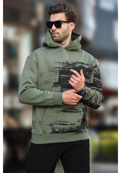 Madmext Haki Kapüşonlu Desenli Cep Detaylı Erkek Sweatshirt 7059-haki Haki