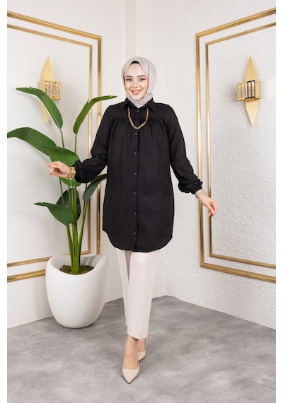 Nevayla Moda Önü Büzgülü Bilek Lastikli Tunik - Siyah / Ü104 Siyah