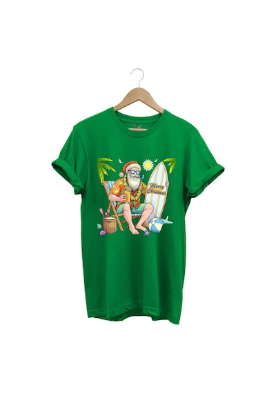 Merry Christmas Yaz Temalı Plajda Noel Baba Baskılı %100 Pamuk Unisex Regular Fit T-shirt Yeşil