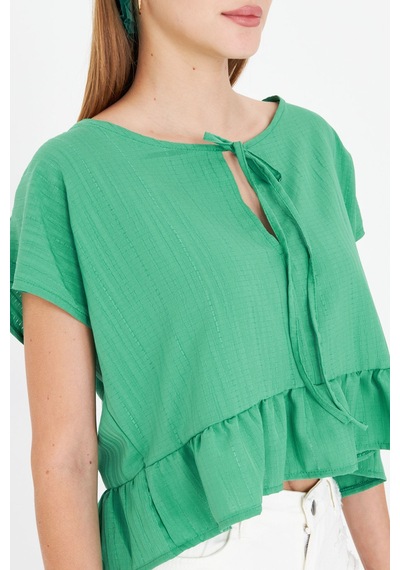 Armonika Kadın Çimen Yeşil Yarasa Kol Yakası Bağlamalı Eteği Fırfırlı Oversize Crop Bluz Arm-24y001088 Çimen Yeşili