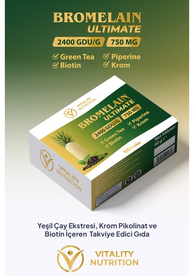 Vitality Nutrition Bromelain Ultimate 750 Mg 2400 Gdu/g 60 Tablet Yeşil Çay + Biotin + Krom + Piperin