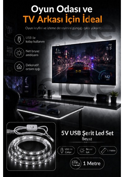 5v Usb Şerit Led 1 Metre Beyaz Işık Anahtarlı Powerbank Uyumlu Tezgah Altı Dekoratif Led