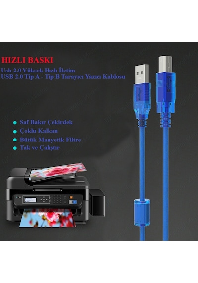 10 Metre Usb2.0 Filtreli Yazıcı Tarayıcı Kablosu