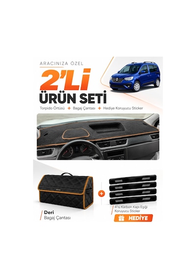 E-biz Renault Express Tam Kapalı 2021-2024 Uyumlu Torpido + Deri Çanta - Siyah-kahverengi - Re021