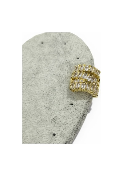 Earcuff Sıkıştırmalı Pirinç Kıkırdak Küpe Baget Taşlı Üç Sıralı Altın Renk Çelik