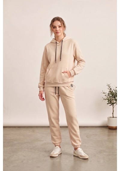 Moibody Kadın 3 İplik Şardonlu Eşofman Takımı Premium Kapüşonlu Sweatshirt Ve Jogger Alt Krem Krem