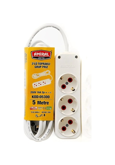Amiral 3' Lü Topraklı 5 Metre Kablolu Grup Priz 0