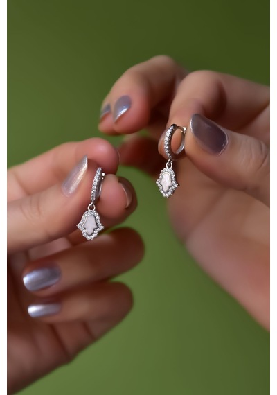 Papatya Silver 925 Ayar Gümüş Rodyum Kaplama Zirkon Taşlı Opal Taşlı Fatma Eli Halka Küpe