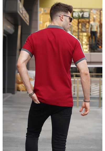 Madmext Bordo Kol Şeritli Polo Yaka Tişört 5888 Bordo