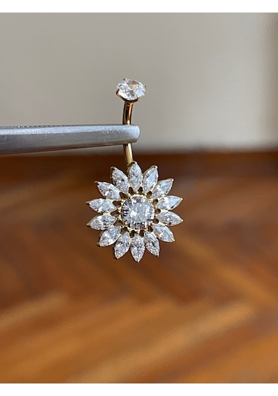 %100 G23 Titanyum Markiz Çiçek Zirkon Titanyum Göbek Piercing Ultraliğht 10 Mm Göbek Piercingi Koyu Yeşil