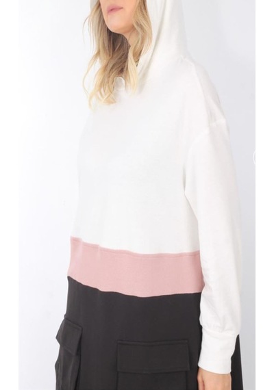Kapüşonlu Torba Cep Beyaz Siyah Somon Renk Sweatshirt Elbise