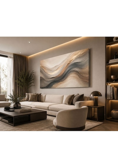 Lüx Bej Antrasit Soyut Dalga Kanvas Tablo Modern Minimalist Dokulu Görünümlü Büyük Boy Salon Yemek Odası Ofis Duvar Dekoru