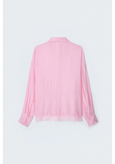 Sateen Dantel Detaylı Gömlek - Pembe-137693