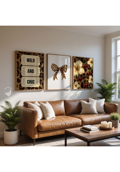 3' Lü Leopar Desenli Çiçek Ve Kiraz Temalı Çerçevesiz Dekoratif Poster Seti Modern Duvar Dekoru, Salon Ve Ev Dekorasyonu