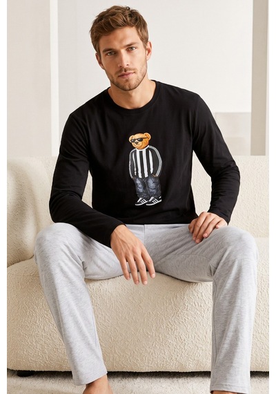 Siyah İnci Baskılı Pamuklu Örme Uzun Kollu Pijama Takım 8076 Siyah