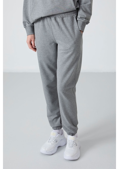 Tommy Life Gri Melanj Kapüşonlu Kanguru Cep Oversize Lastik Paça Kadın Eşofman Takımı - 95288 GRİ MELANJ
