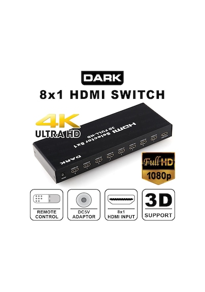 Dark Full Hd 8 Giriş 1 Çıkışlı Uzaktan Kumandalı Hdmı Switch Seç