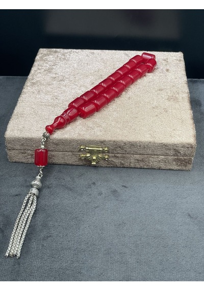 Efe Boy Alpaka Zincir Püsküllü Vişne Kırmızı Sıkma Kehribar Tesbih 11x14 Mm