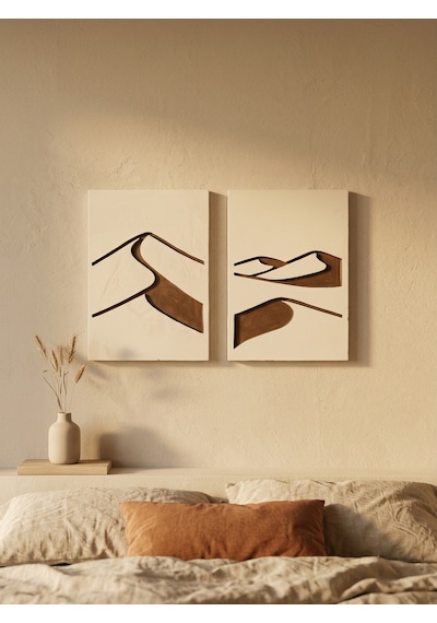 Abstract Dunes 2'li Duvar Sanatı Seti - Modern Soyut Kum Tepesi Motifli Kazıma Tablo, Organik Minimalist Tablo