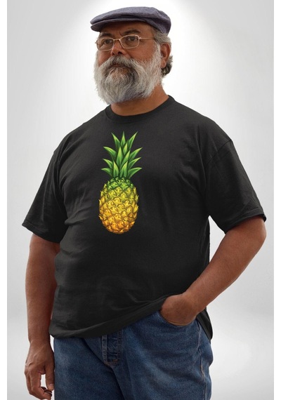 Angemiel Ananas Meyve Siyah Büyük Beden Erkek Kadın Unisex Basic Ön Baskılı Tişört Siyah