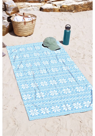 Etnik Kar Tanesi Mavi Beyaz Plaj Havlusu - İskandinav Minimalist Hızlı Kuruyan Mikrofiber Havlu Eski Tozu