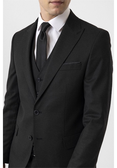 Süvari Siyah Slim Fit Armürlü Sivri Yaka 6 Drop Yelekli Klasik Takım Elbise-35629 Siyah