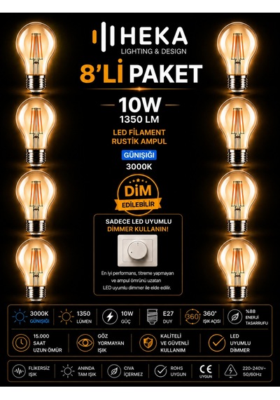 8 Adet Heka 10w Günışığı 3000k E27 Duylu Dim Edilebilir Led Rustik Ampul