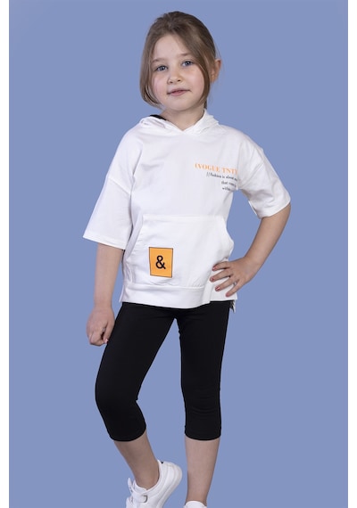 Toontoy Kids Toontoy Kız Çocuk 2'li Takım Baskılı Kapüşonlu Cepli Kısa Kollu Yırtmaçlı Sweatshirt & Basic Düz Crop Tayt Ekru