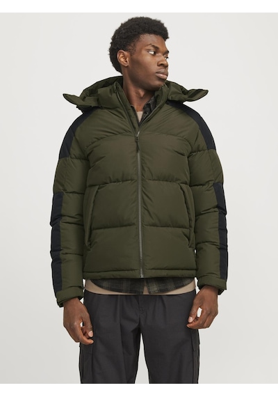 Jack & Jones Erkek Rüzgara Dayanıklı Kapüşonlu Puffer Mont - Aero Forest Night