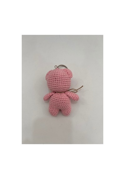El Yapımı Amigurumi Ayıcık Anahtarlık - Örgü Figür, Jüt Fiyonklu 9-10 Cm Pembe Pembe