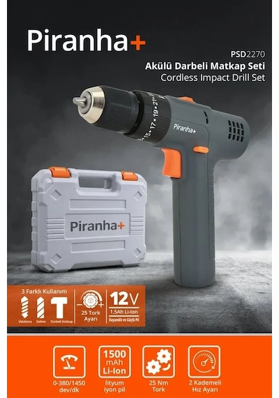 Psd-2270 Akülü Darbeli Matkap Seti 12 V & 25 Nm Tork & 2 Kademeli Hız