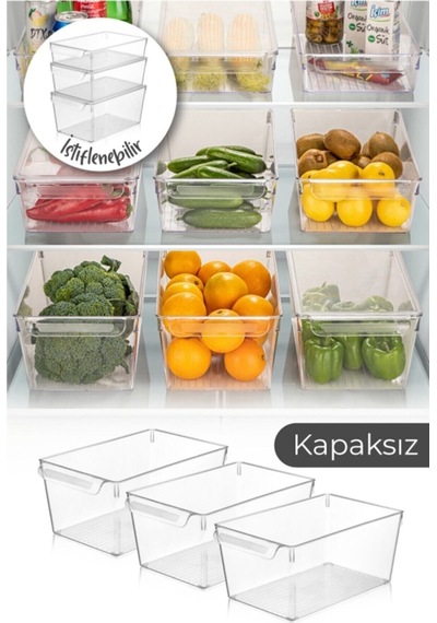 Kapaksız 3 Adet Büyük Boy Buzdolabı Düzenleyici Set Buzdolabı Organizer Beyaz