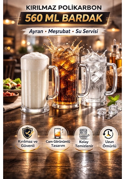 Polikarbon Kırılmaz 6 Adet 560 Ml Kulplu Bardak Ayran Bardağı Meşrubat Ve Su İçin Uygun Şeffaf